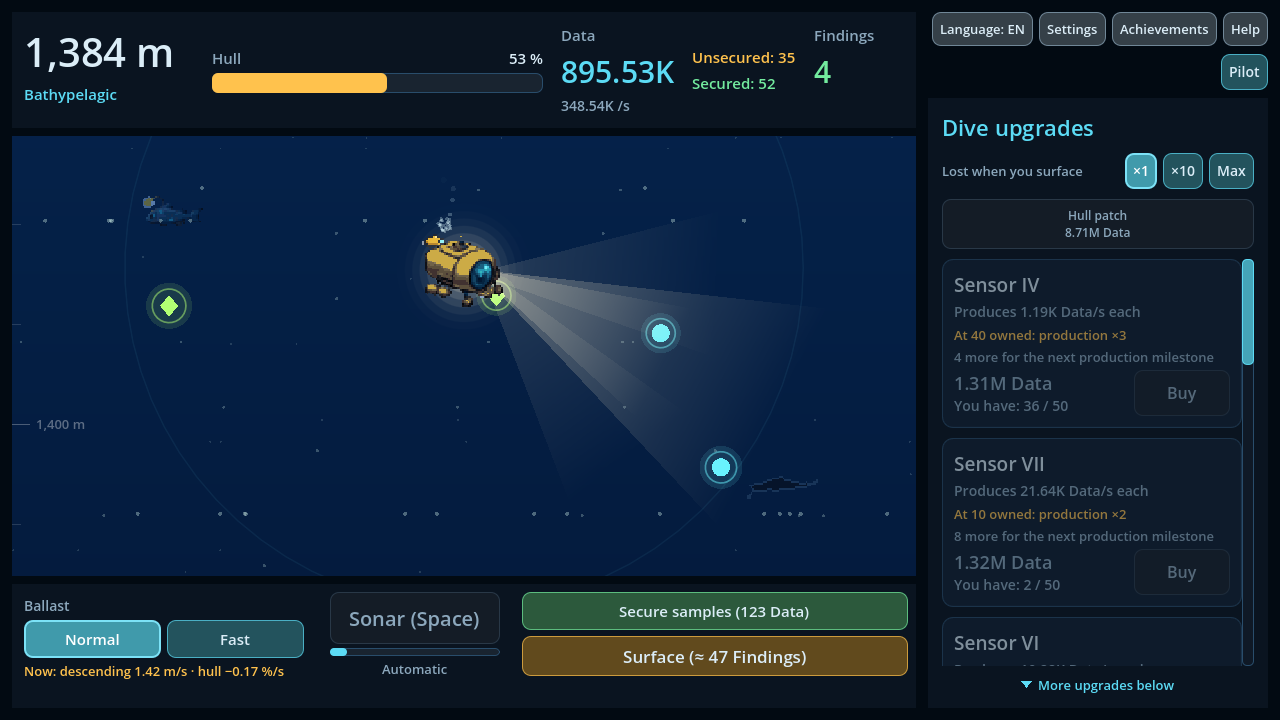 The probe in the bathypelagic zone at 1,384 m, with echoes, fish and the upgrade shop