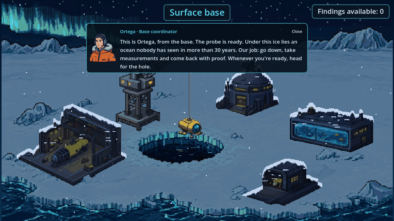 The surface base on the ice, with its buildings and the hole the probe goes through