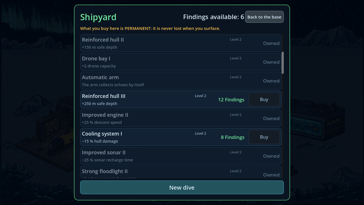 The Shipyard screen with probe upgrades