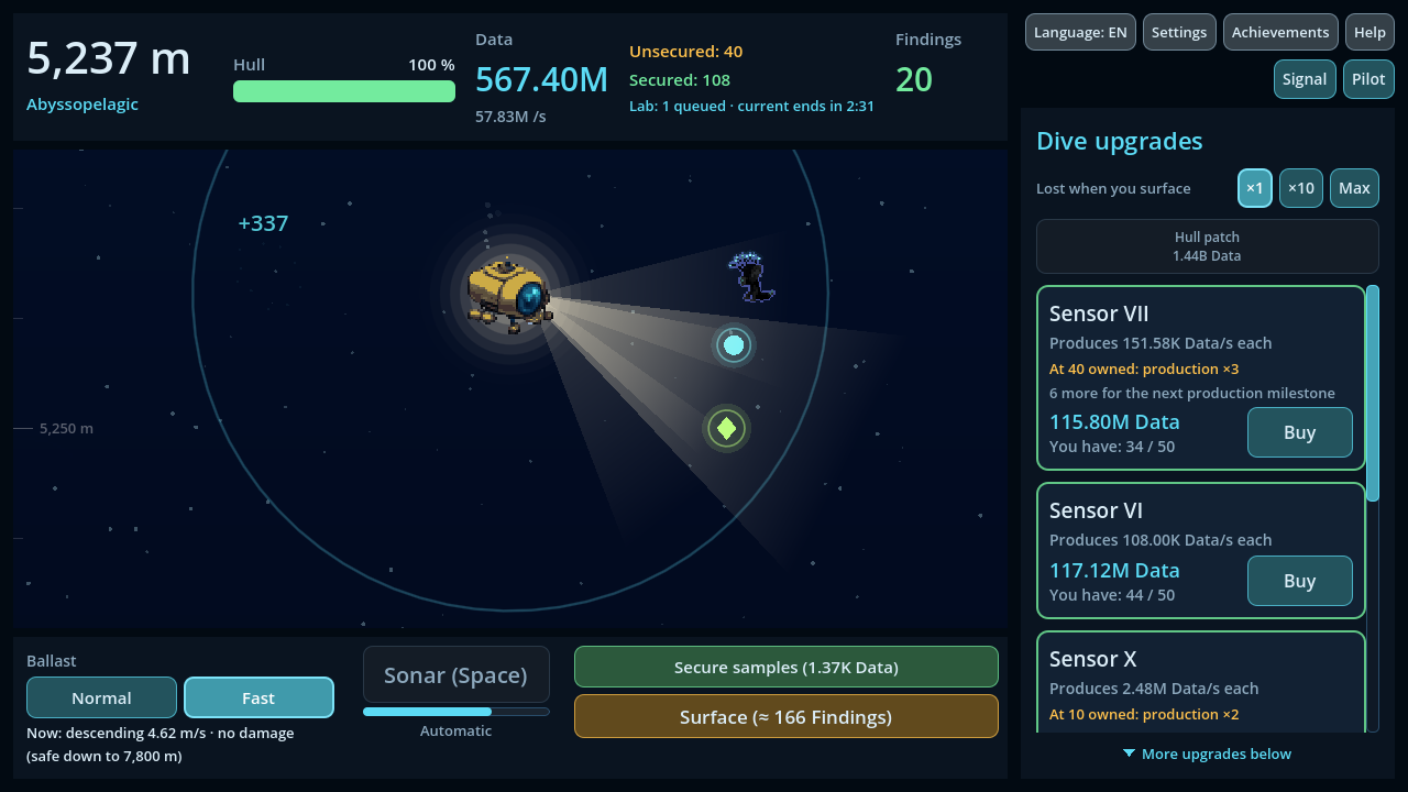 The abyssopelagic zone at 5,237 m with a creature approaching the probe